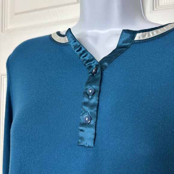Liz Claiborne LG Teal Long Sleeve Pajama Top Satin Trim Button Front PL Petite L - Picture 2 of 6